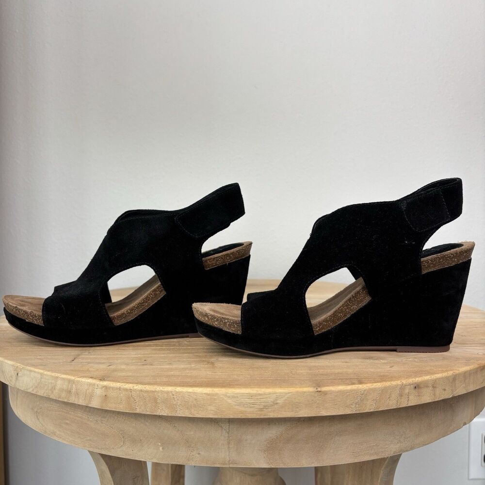Sofft Leather Suede Wedge Sandals Black 9 Open Toe Capsule Comfort Casual Chloee - Picture 3 of 12